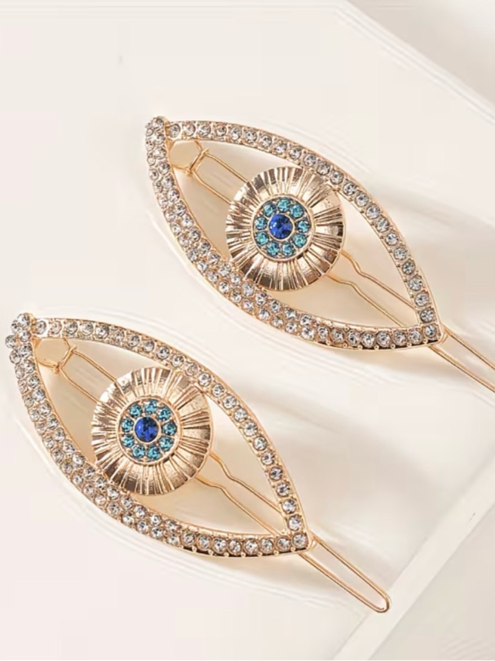 Gold-Tone Blue Crystal Evil Eye Hair Clips - Set of 2